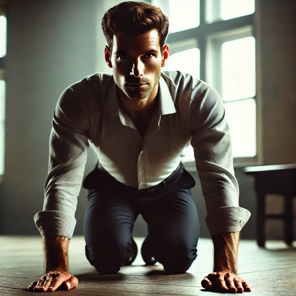 DALL·E 2024-11-19 07.11.29 – A striking and focused scene of a middle-aged man kneeling on the floor in a position of attention, with his back straight, hands resting on his thigh